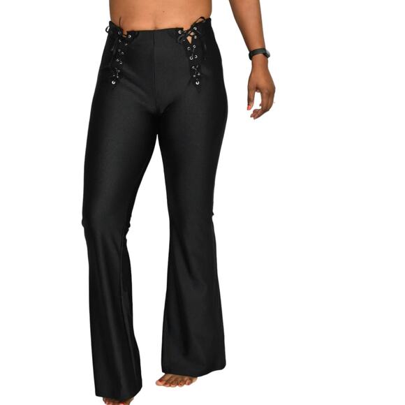 Dolls Kill Flare Pants Black Lace Up Shiny Stretch High Waist Grommet Size Small - Picture 13 of 16